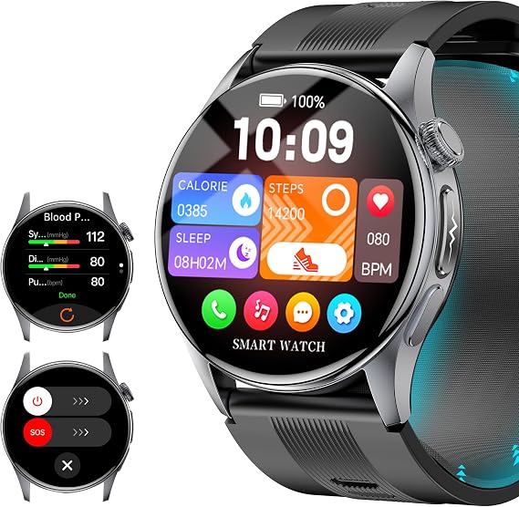 1.56 AMOLED Large Screen Smart Watches for Men Women, Airbag Blood Pressure Monitor Watch with Heart Rate Blood Oxygen Stress Sleep Tracking, SOS, Smart Fitness Watch for Android iPhone
