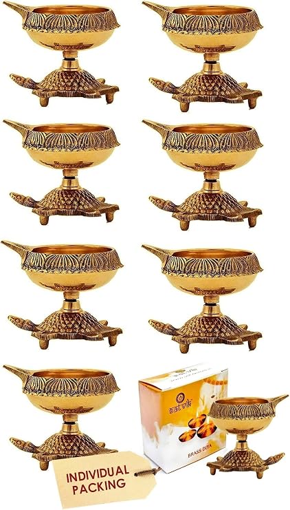 SATVIK 10 PC Kuber Turtle Diya for Diwali Decoration Handmade Oil Lamp with Golden Virgin Brass Metal Diwali Diya Vilakku for Puja Pooja Traditional Indian Deepawali Items