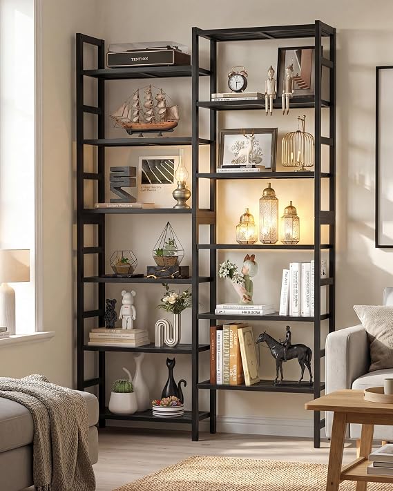 Homykic Bamboo Shelf, 6-Tier Double Wide Bookshelf with 12 Shelves, Black