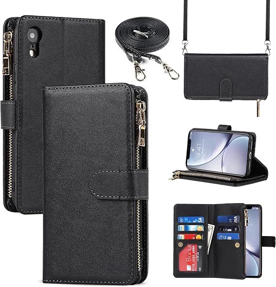 Crossbody Wallet for iPhone XR Case with Strap,6.1",Black
