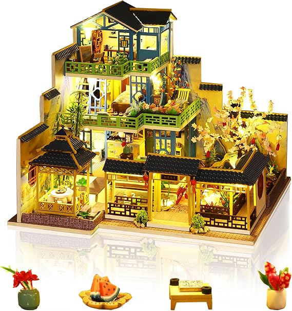 Cuteefun DIY Miniature Dollhouse Kit, Wooden Dollhouse Kit with LED Light, Handmade Crafts for Adults Teen to Build, Make Your Own Dream House Model (Green Spring Yard)