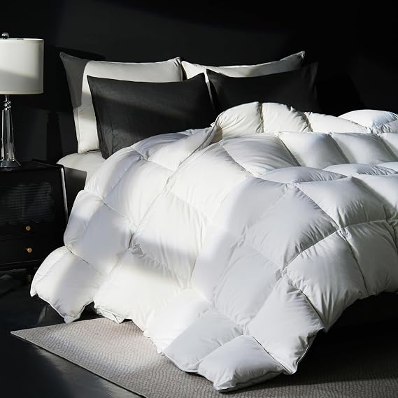 Goose Feather Down Fiber Comforter Queen Size, 100% Cotton Ultra Soft Fluffy Duvet Insert Queen, All Season Luxurious Hotel Bedding Comforter with 8