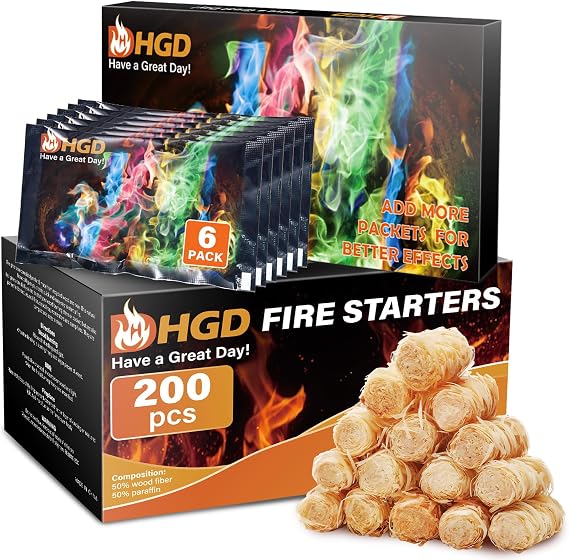 HGD (200 Pack) Natural Fire Starters & (6 Pack) Magic Fire Color Changing Packets for Fireplace, Campfires, Chimney, BBQ, Fire Pit