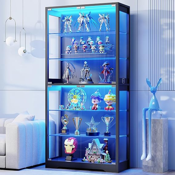 BROTTAR 71" Display Cabinets with Glass Door & Adjustable Glass Shelves | 6 Tier Glass Display Cabinets with 3 Color Lights,Display