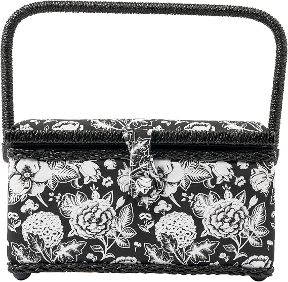 SINGER Sewing Basket, Sewing Kit with Notions, Black & White Floral Print
