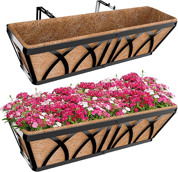 Halatool 24 Inch Railing Planter Box, 2 Pack Heavy Duty Window Box Planters | Metal Balcony Planters with Natural Coco Liner & Adjustable Brackets for Hanging on Railings, Deck, Porch, or Patio Gardening