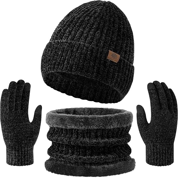 Winter Beanie Hat Scarf Gloves Set for Men Women, Chenille Neck Warmer Set
