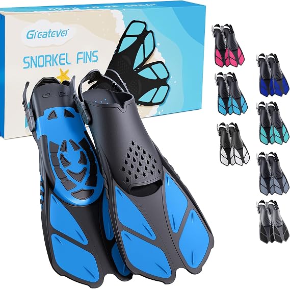 Greatever Snorkel Fins, Travel Size Short Flippers for Snorkel Swim Diving | Adjustable Swim Fins Flexible Open Heel Lightweight Scuba Diving Fins for Adult Men Women Kids Ideal for Recreational Use