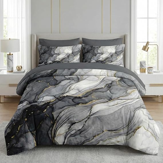 Queen Comforter Set with Sheets, 7 Pieces Marble Abstract Bedding