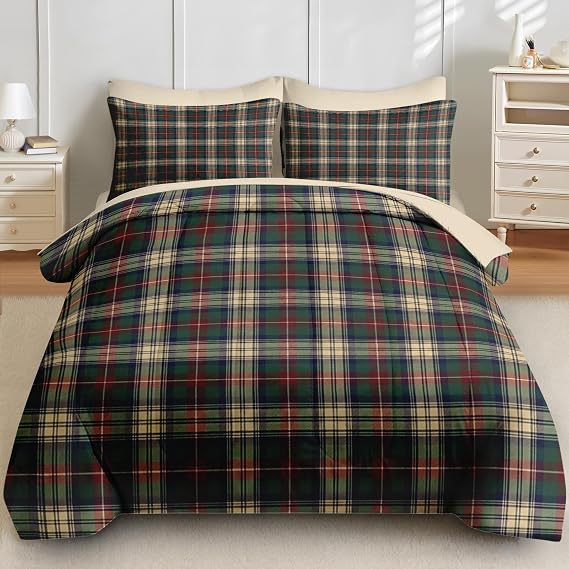 Full Comforter Set with Sheets, 7 Pieces Tartan Plaid Bedding