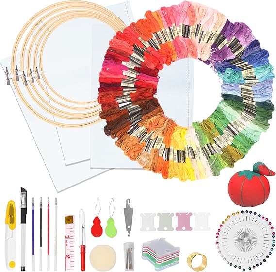 Glarks 210Pcs Embroidery Cross Stitching Punch Needle Kit, 100 Colors Threads Full Range of Embroidery Starter Kit Including Magic Embroidery Pen, Needles, Cross Stitch Tools Set for Beginners Adults