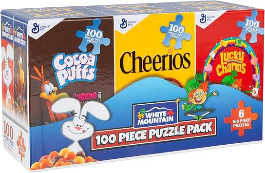 White Mountain 100 Piece Jigsaw Puzzle Includes 6 Different Puzzles with Large Pieces Gift for Teens and Family 7"x9" - Mini Cereal Boxes