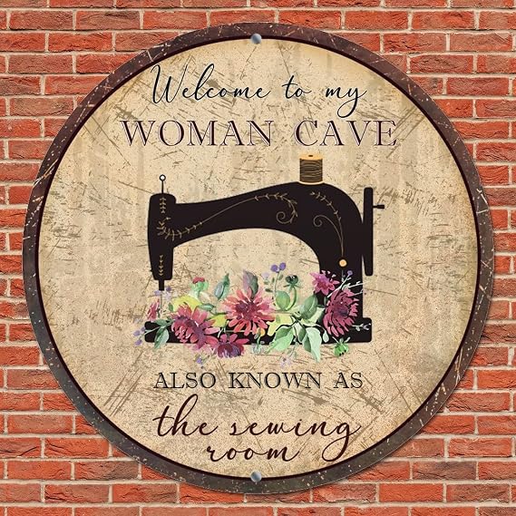 Round Metal Tin Sign Floral Welcome to My Woman Cave She Shed Also Known As The Sewing Room Decorative Home Room Sign Plaque Vintage Wreath Sign Metal Poster for Garden Bar Decor Home Decor 12 Inch