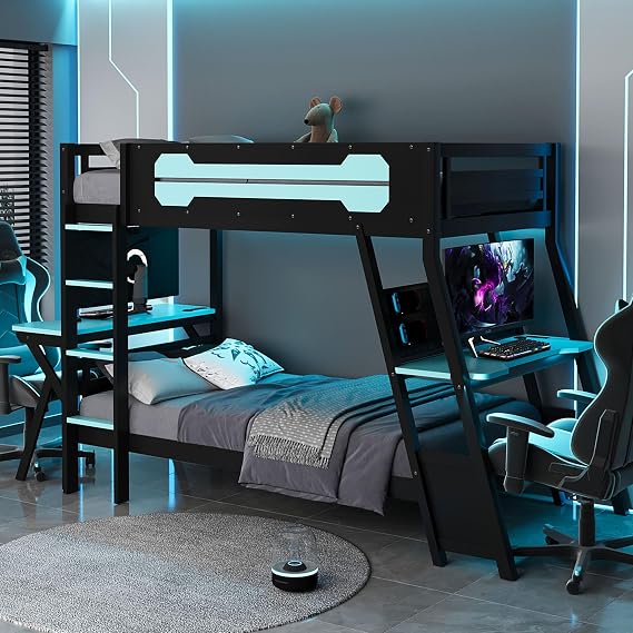 KLMM Twin Size Bunk Bed with Two Built-in Gaming Desks, USB Desktop Ports & Pegboard Organizer, Gaming Bunk Frame for Gamer (Cloud Blue#U, Twin)