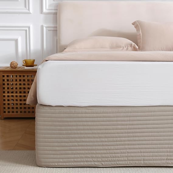 King Size Khaki Bed Skirt with 14-Inch Drop, Easy Fit Wrap-Around Cover for Bed, Wrinkle-Free and Fade-Resistant Box Spring Cover. (Linen Stripes, King)