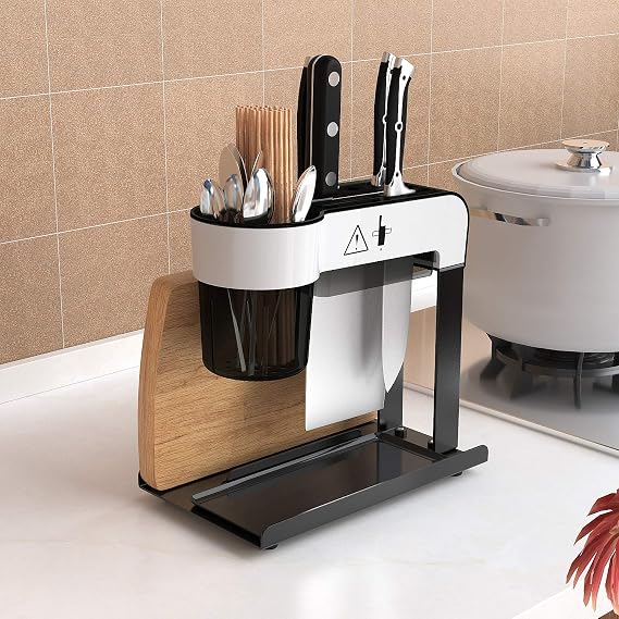 Black Stainless Steel Utensil & Cutlery Rack, Kitchen Compact Utensil Organizer with Drip Tray, Knife Storage Block with Cutting-board Holder, Air Dry Knifes Rack