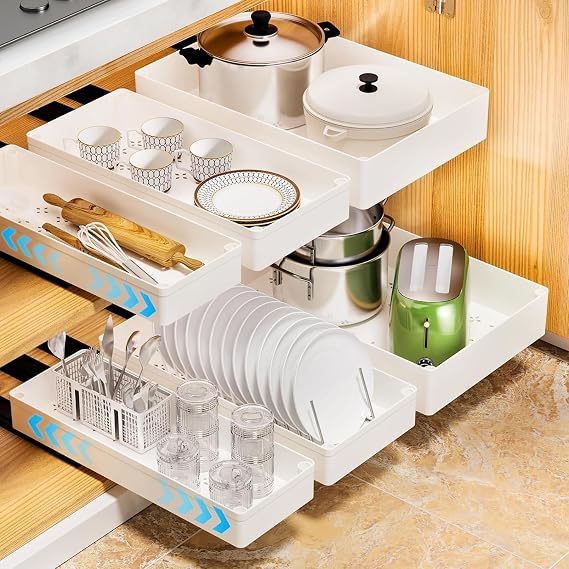 1 Pack Pull Out Cabinet Organiser, Slide Out Drawer for Kitchen Cupboard, (40 CM x 13.5 CM x 5 CM), Roll Out Extendable Sliding Drawer, No Need Drill and Nailing (White)