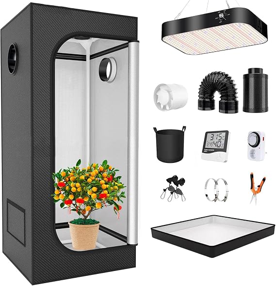 Grow Tent Kit with LED Lights, 600D Oxford Cloth, Carbon Filter for Hydroponic Indoor Plant Growing, Full Spectrum Lighting, Easy Setup, Complete