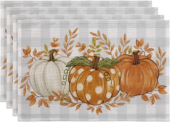 Romanstile Fall Placemats Set of 4-12 X 18 Inch - Thanksgiving Autumn Harvest Pumpkin Buffalo Plaid Place Mats, Stain Resistant Wipeable Table Mats for Party/Dining/Holiday- Grey Blue Checkered