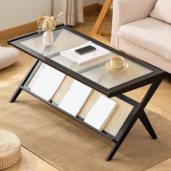 Mid-Century Coffee Table Modern Coffee Table with Glass Tabletop/Z-Shaped Legs Wood Rectangle Home Decor for Living Room(Black)