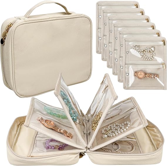 Travel Jewelry Organizer Case,Jewelry Bags for Traveling, Jewelry Binder with 24 Pcs Clear Zipper Velvet Pouches for Storing Earrings, Rings, Necklace, Bracelet, Watch (Beige)