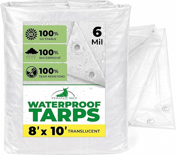Waterproof Tarps - 8x10 ft 6 Mil Thick Clear Heavy Duty Tarps, Tearproof, Recyclable, UV-Resistant Multipurpose Tarpaulin Cover for Outdoor, Camping, Furniture, Garden, Emergency Shelter