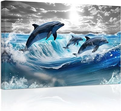 ZXHYWYM Dolphin Canvas Wall Art Jumping Dolphin Picture Prints Blue Sea Animal Bathroom Artwork Wall Decor for Kids Room Nursery Framed3, 12.00 x 18.00