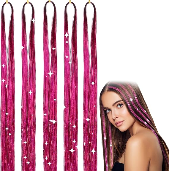 47 Inch Glittering Hair Tinsel Extensions - 1100 Strands Pink Sparkling Shiny Tinsel Fairy Hair Accessories for Women Girls Party Cosplay