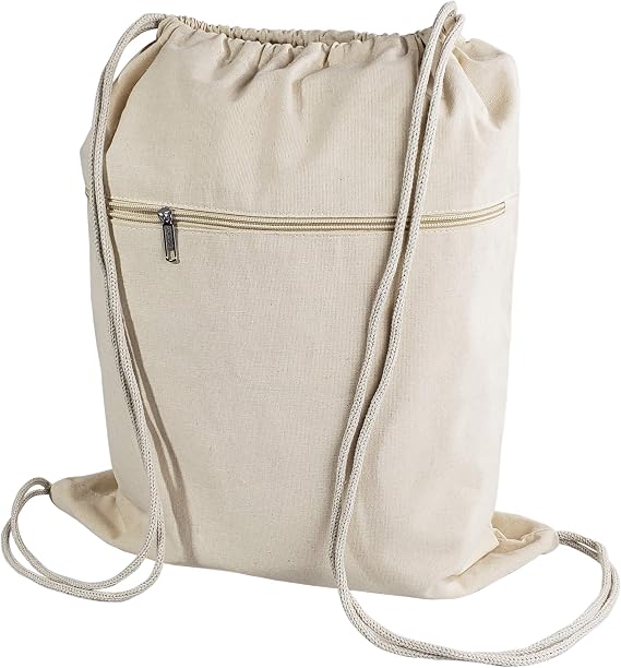 TBF Cotton Canvas Drawstring Backpack with Zippered Front Pocket Cinch Sack Pull String Sport Bags for Gym, Hike Bags