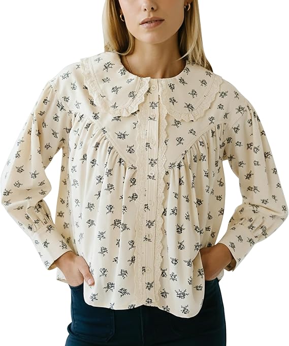 Women's Peter Pan Collar Shirt Lace Trim Button Down Blouses | Soft Cotton Fabric, Loose Fit Silhouette, Long Sleeve Drop Shoulder Blouses Shirts for Fall Work Office Travel