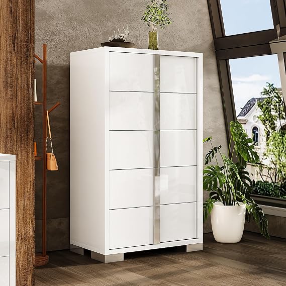 AMERLIFE 5 Drawer Dresser with Glossy Finish, Modern Storage Chest, White