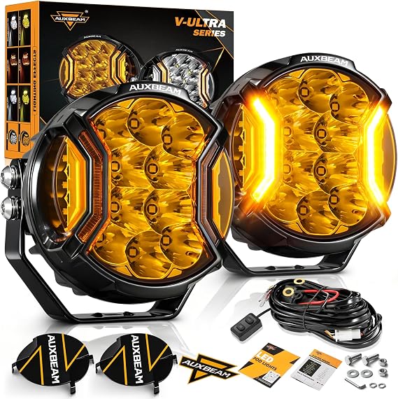 Auxbeam V-Ultra Series 5" Amber LED Pod, 172W Round Side Shooter Light | 3 Lighting Modes, 270° Wide Angle, Amber DRL, Focus Beam, 20400LM Output, Bi-Color Off-Road Driving Light, Protective Cover