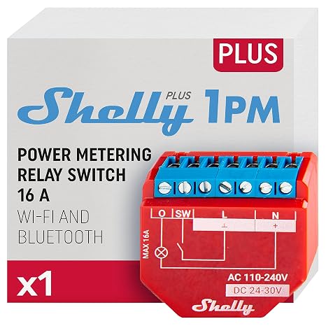 Shelly Plus 1PM | WLAN ve Bluetooth röle şalteri, akım ölçümlü, 16 A, ışık kontrolü, Alexa ve Google Home ile çalışır, iOS ve Android uygulaması, hub gerektirmez