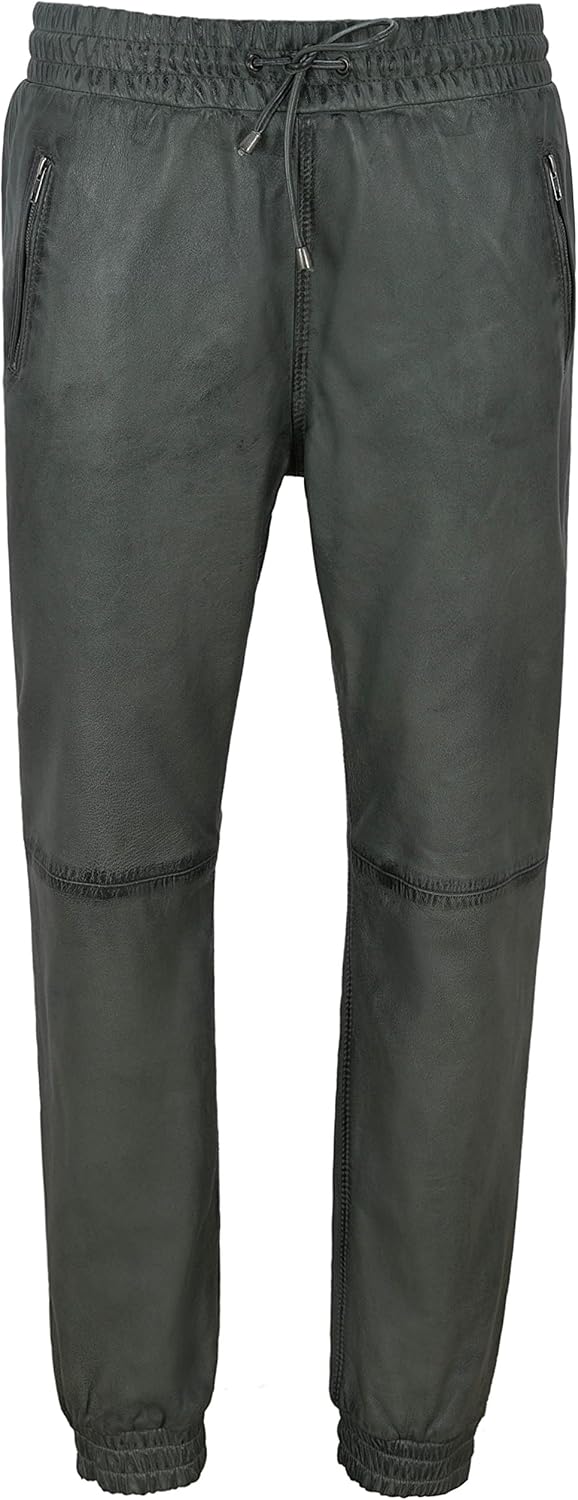 Mens Real Leather Trousers Grey Napa Sweat Track Pant Zip Jogging Bottom 3040