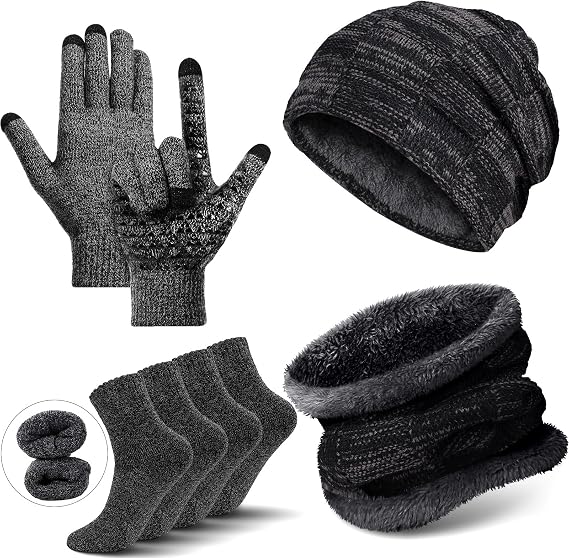 Winter Fleece Lined Beanie Hat Scarf Sock Touchscreen Gloves Set for Men Women