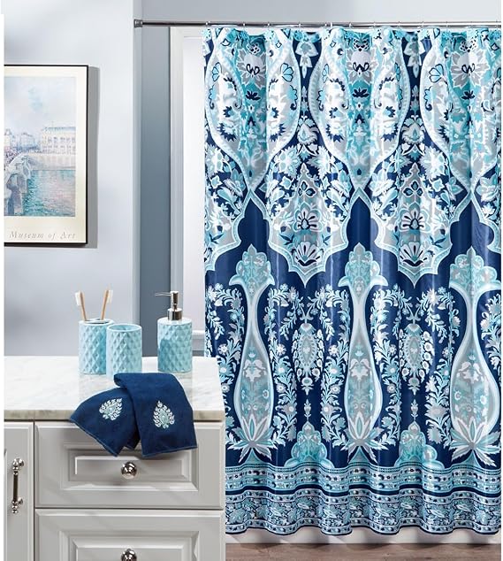 Stoneberry Home Complete 19-Piece Bath Set, Coordinated Bathroom Decor Collection with Shower Curtain, Liner, Hooks, Towels, Ceramic Accessories, Caroline/Light Blue