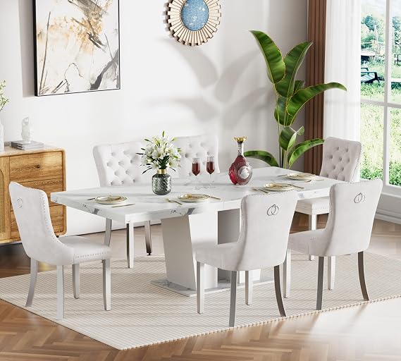 7 Pieces Faux Marble Dining Table Set for 6, 63"-79" Extendable Dining Room Table and 6 Beige Tufted Chairs Set, Modern White Expandable Kitchen Table Chairs Set of 6 with Dual Column Base