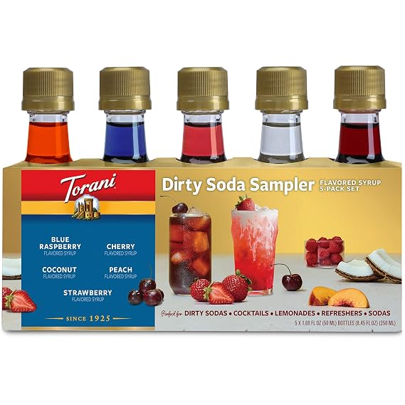 Torani Dirty Soda Sampler 5-Pack, Mini Syrups Gift Set Coconut, Strawberry, Blue Raspberry, Peach, and Cherry, 1.7 Oz Ea