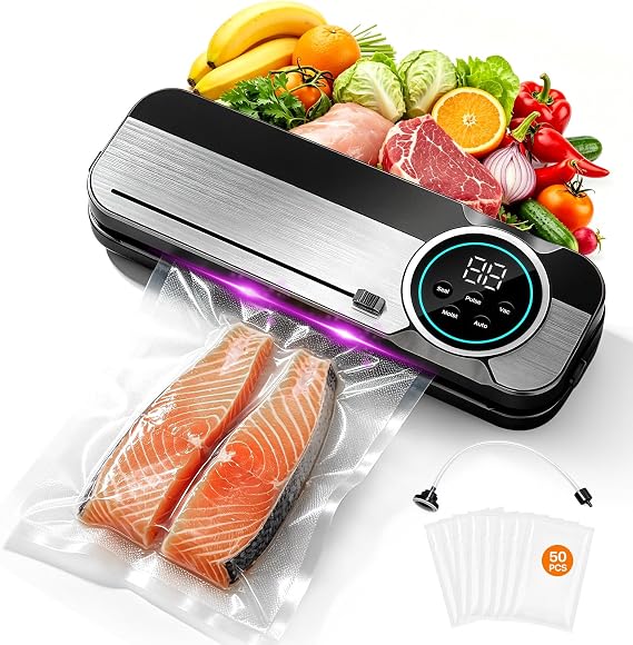 6 in 1 Vacuum Sealer Machine with 50 Vacuum Sealer Bags, Vacuum Food Sealer Machine with 75 KPA Powerful Suction, Vac Pack Machine for Preserving Meat, Vegetables, Snacks, Fruits 