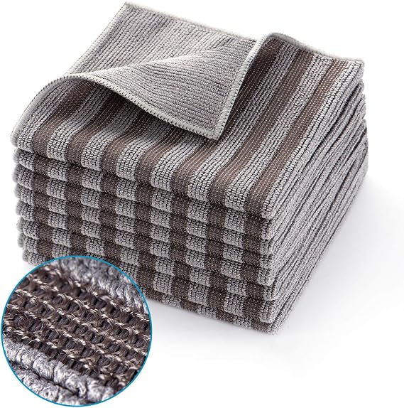 ZHIDIAN Stainless Steel Microfiber Cloth Double-Sided Cleaner Rag, Non-Scratch Scrub Cleaning Polishing Towel for Appliances, Kitchen Reusable Fridge Wipes, Gray Stripe, 8Pack, 12x12Inch