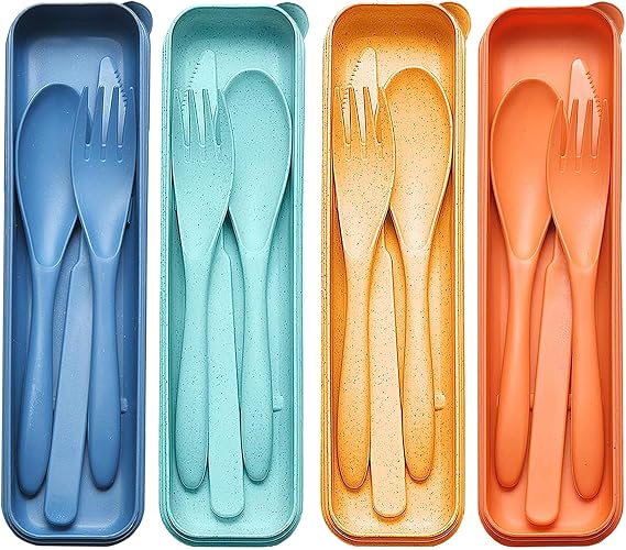 Reusable Travel Utensils Set with Case Wheat Straw Fork Spoon Knife Cutlery | 4 Sets Eco-Friendly BPA Free Portable Plastic Camping Tableware for Adults Picnic Work or Daily Utensils