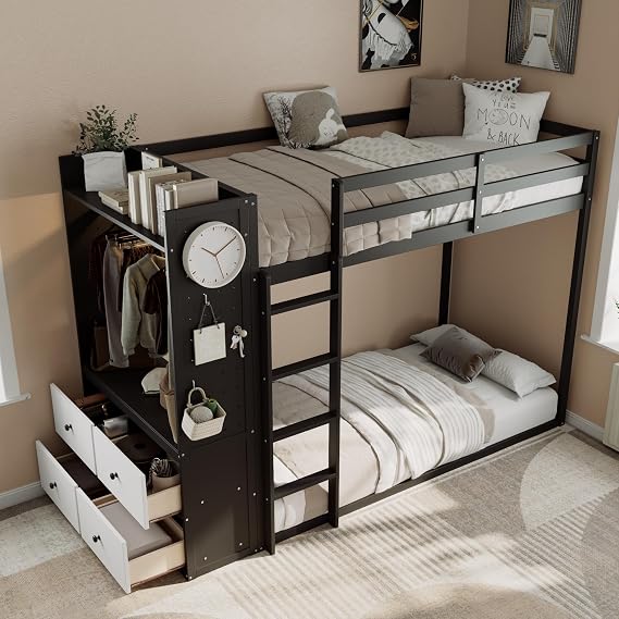 Merax Twin Bunk Bed with 4 Storage Drawers, Built-in Wardrobe Hanging Rail, LED Light Strip, Shelves & Dual Pegboards, Space Saving for Kids, Teens, Dorms, 3 Colors (Black)