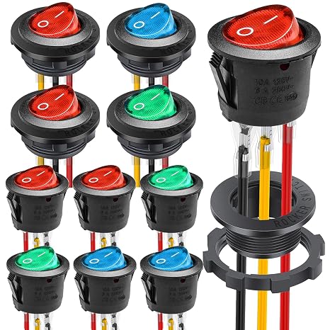 Waterproof Round Rocker Switch, Waterproof Toggle Switch, 10 Pack Red Blue Green LED Toggle Switch, AC 6A 125V 10A 250V Rocker Switch, with 4 Pack Shell and 30 Pack Terminal Wire for, Marine, Car