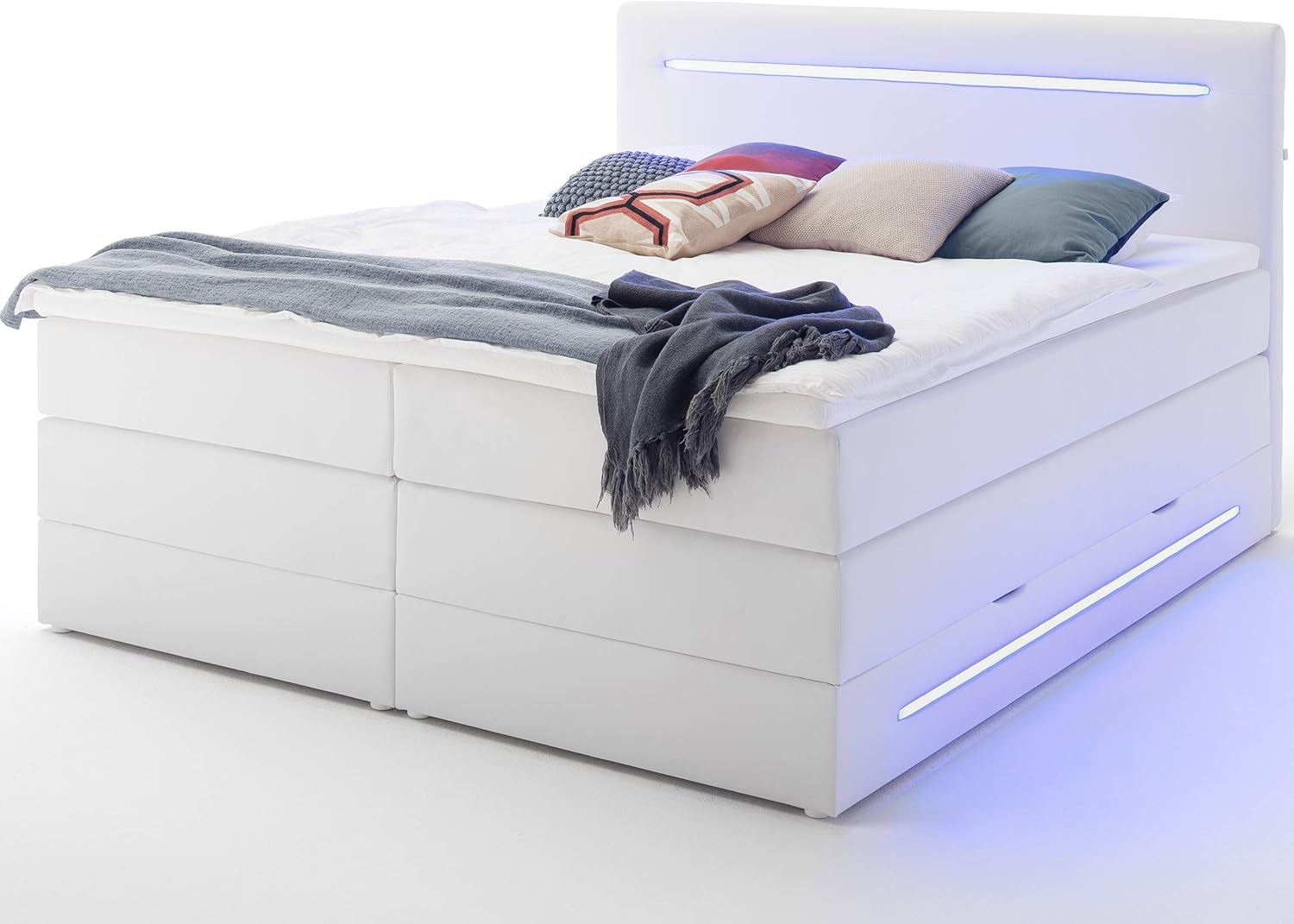 Wonello Montana box spring bed with LED lighting – cozy LED bed with mattress and topper available in various sizes and colors – optionally with bed box