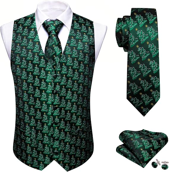 Barry.Wang Mens Red/Green Christmas Suit Vest Tie Holiday Xmas Waistcoat