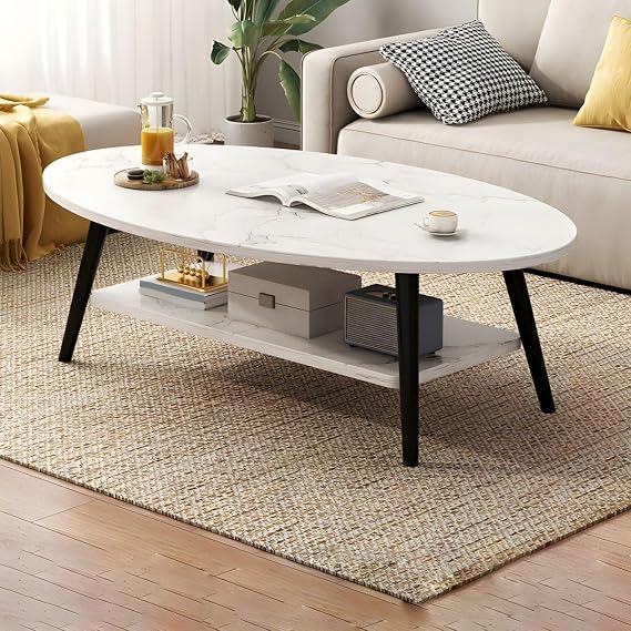 Off-White Wooden Oval Coffee Table with 1 Shelf - 47"L x 24"W x 16.5"H