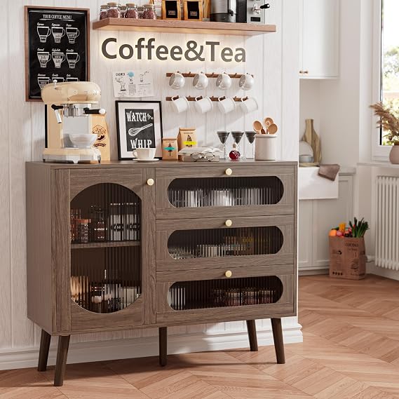 Kucreiheat Coffee Bar Cabinet with Storage-Mid Century Modern Storage Cabinets with Glass Door- Walnut Coffee Bar Cabinet with Drewers for Living Room,Dining Room