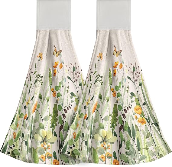 Wildflowers Kitchen Towels with Hanging Loop 2 Pcs, 14x18 Inch Orange Green Flowers Leaves Butterflies Tie Hand Towels Oven Stove Soft Absorbent Wash Cloth for Farmhouse Home Decor