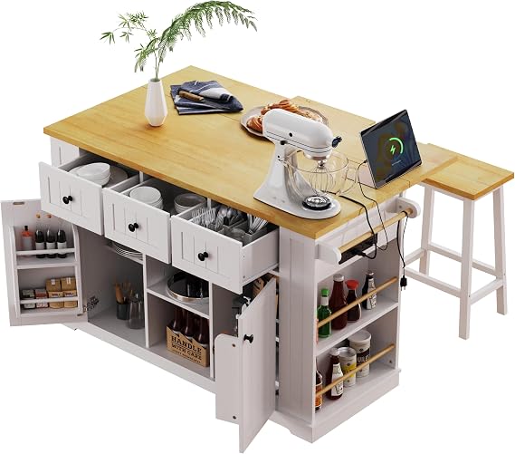 53inch Large Kitchen Island with Drop Leaf,Power Outlet,Door Internal Storage Rack,Rolling Kitchen Cart on 5 Wheels with 5 Open Side Racks for Kitchen,Dining Room (Not include bar stools) (White)