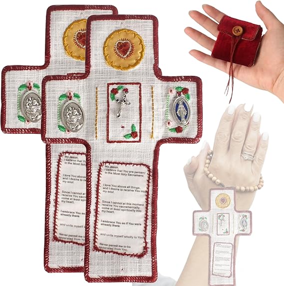 2PCS Handmade Catholic Prayer Pocket Shrine with Built in Silver Cross,Catholic Pocket Shrine, Altar Prayer Blanket Gifts for Friends and Family